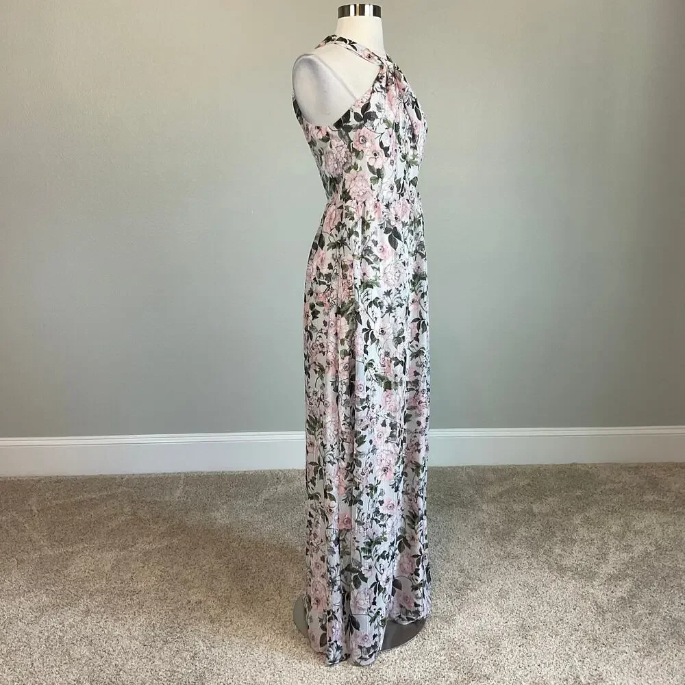 Laundry Metallic Floral Print Sleeveless Halter Maxi Dress Pink Size 16 Gown
